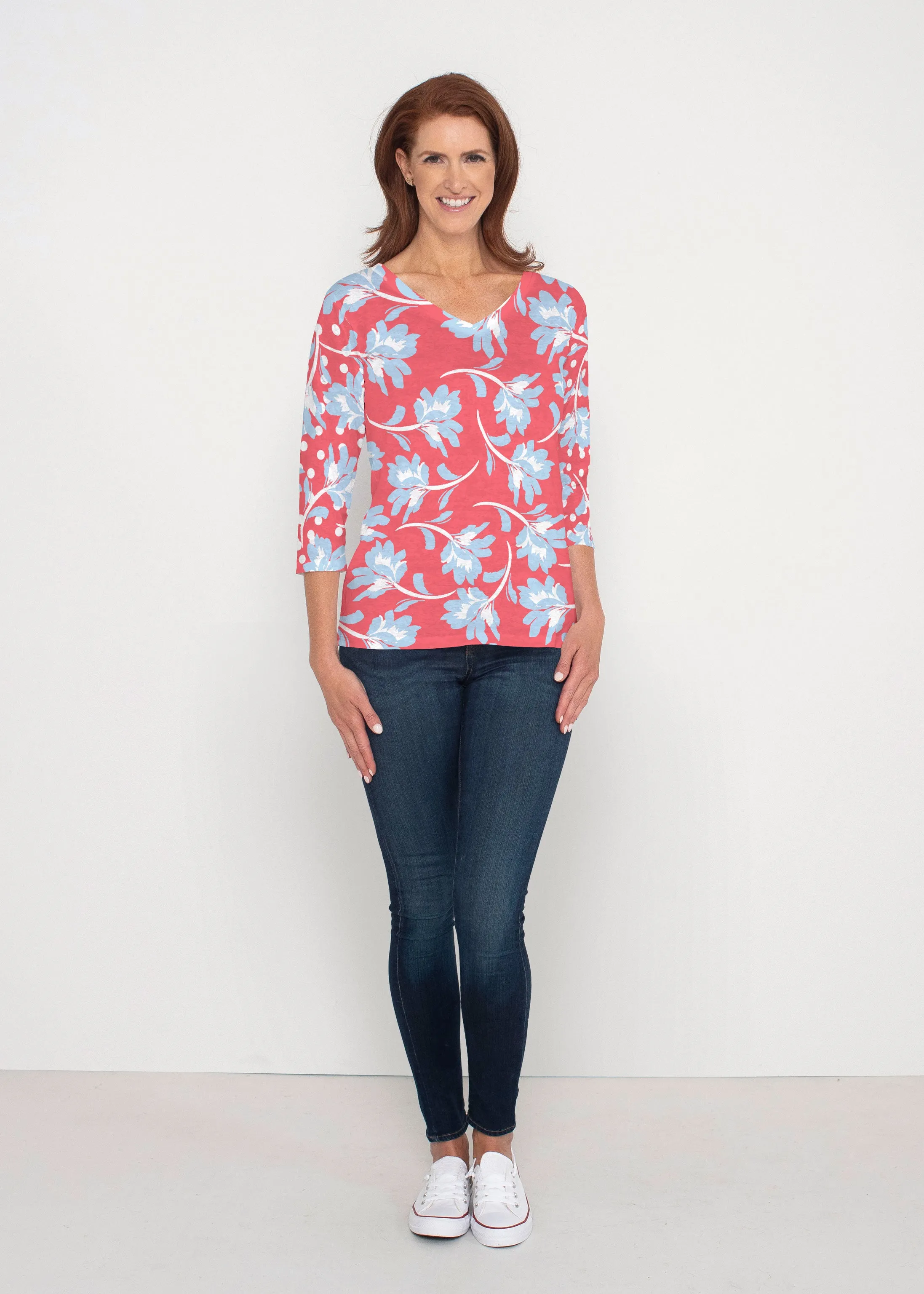 Floral Dot Fourth (8006) ~ Signature 3/4 Sleeve V-Neck Top