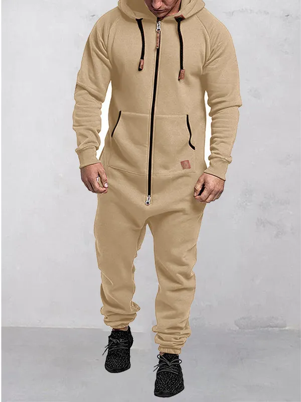Hooded Fleece Zipper Solid Color Jumpsuit