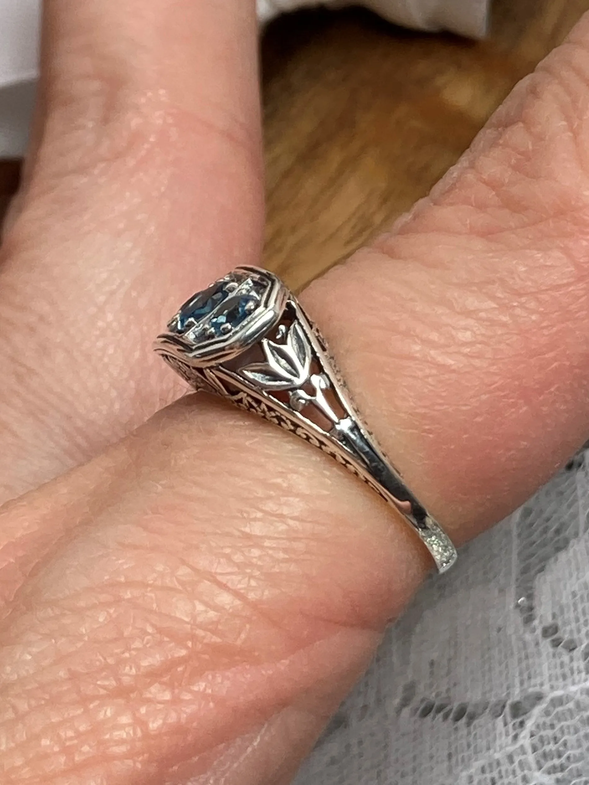 Natural London Blue Topaz Ring, Sterling Silver Lily Leaf Filigree, Edwardian Jewelry #D197